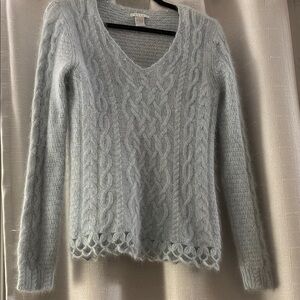 Tweeds light Blue V-Neck Cable Knit Sweater Angora Lambswool Nylon - size‎ M